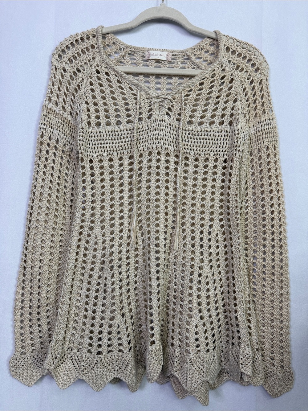 Altard State Crochet Knit Tie Front Sweater Bell Sleeve Scalloped Top
